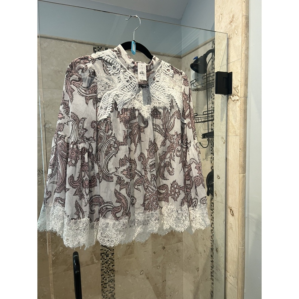 Ann Taylor LOFT Pink Paisley Crochet Lace Trim Bell Sleeve Tunic Blouse M NWT